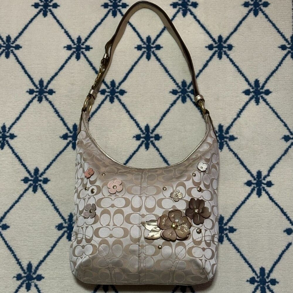 Coach Y2K Signature Floral Appliqué Duffle Hobo Shoulder Bag 2012 18896 - Khaki